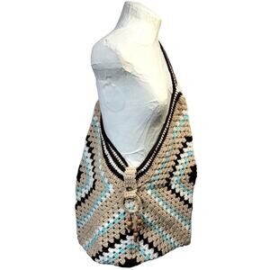 Hand Knit Crochet Granny Square Bag Beaded Accent Boho Retro Y2K Festival Tote
